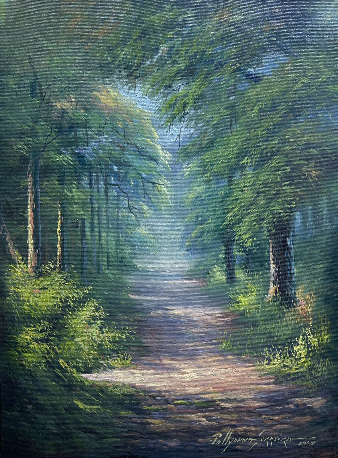 Pintura artística de caminho em floresta
